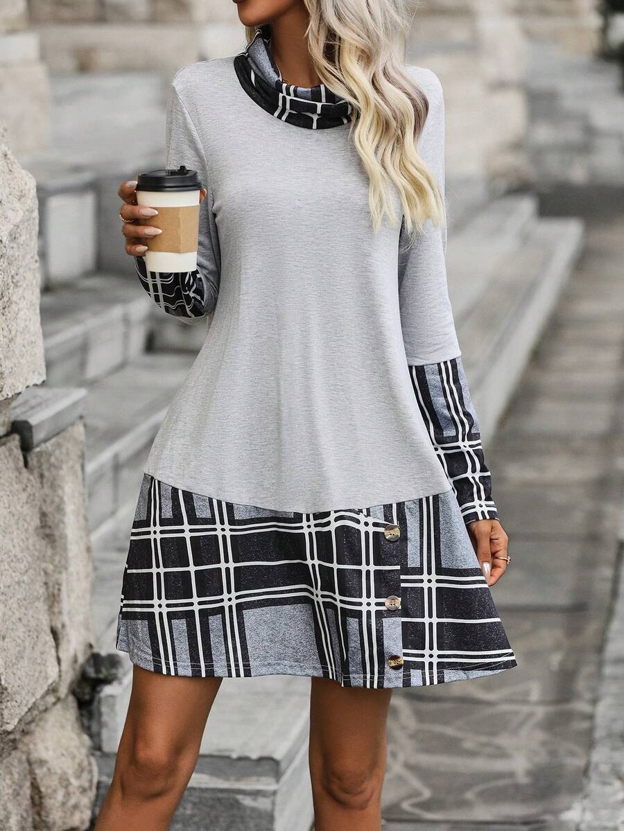 SHEIN LUNE Plaid Print Cowl Neck 2 In 1 Dress - Grey - View 1