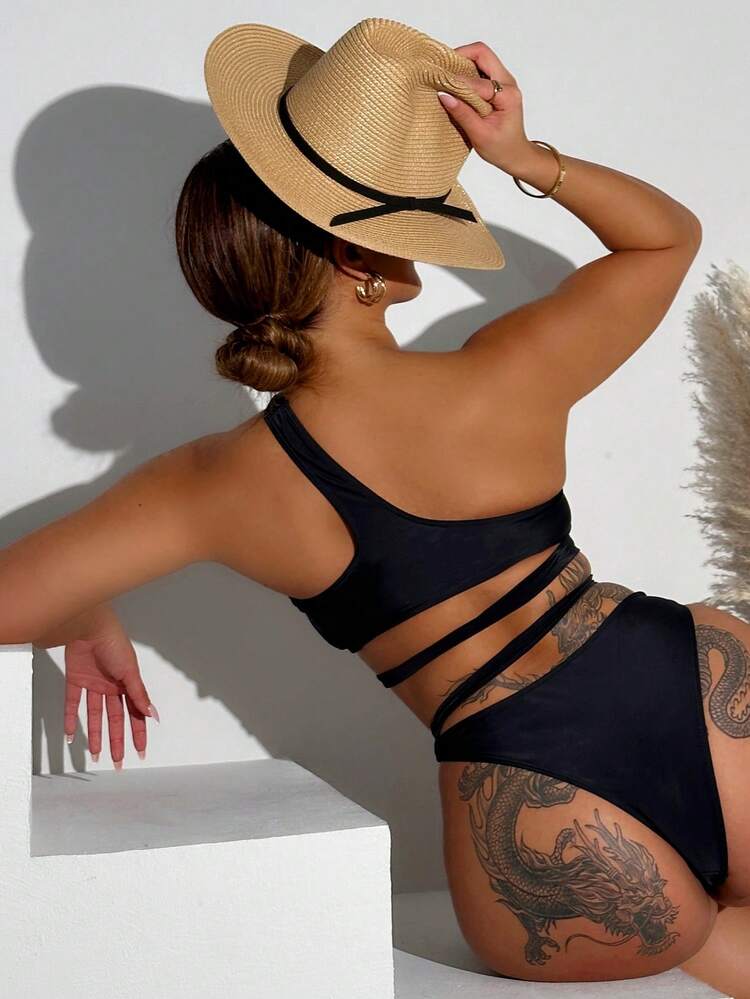 One Shoulder Hollow Out Design Bikini Set Summer Beach