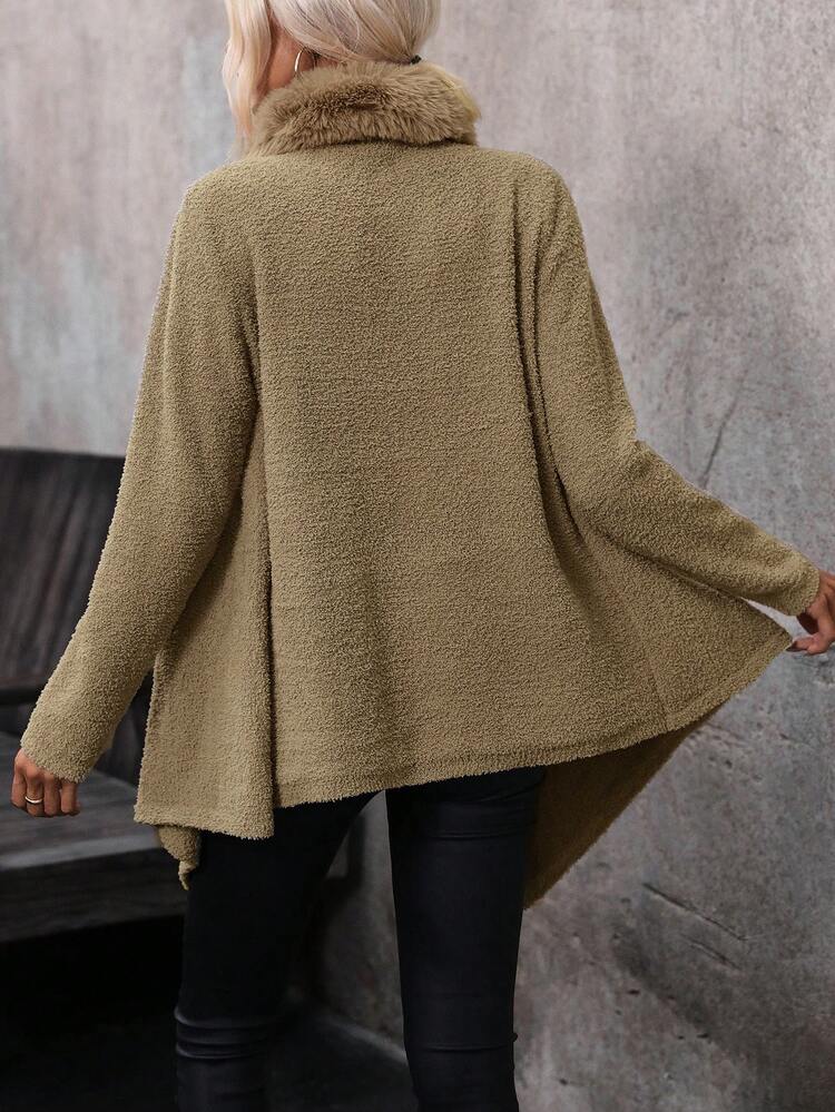 Fuzzy Collar Asymmetrical Hem Cardigan Fall Cloth For Women