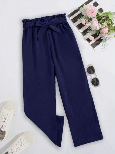SHEIN Tween Girl New Fashion Navy Blue Straight Pants With Bow Belt, Suitable For All Seasons Daily Wear