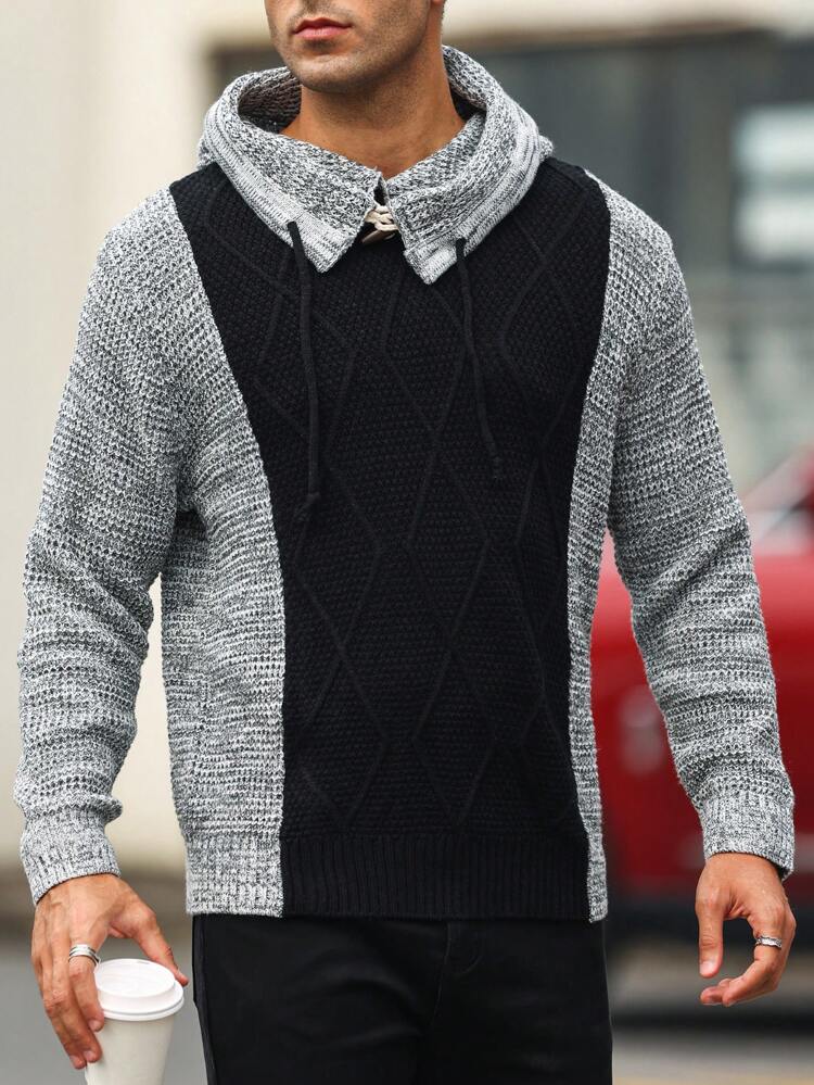 Men Two Tone Drawstring Hooded Sweater