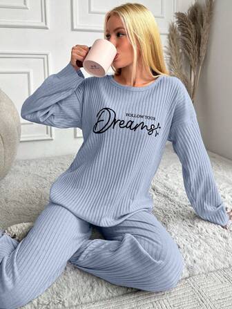 RueChic Pyjama-Set mit langärmeligem Oberteil und Hose mit Buchstaben-Print für Damen, Drop-Shoulder