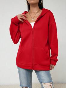 SHEIN EZwear 拉鍊落肩連帽衫 - 酒紅色 - 查看 3