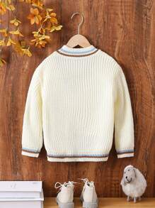 SHEIN Young Girl Striped Trim Drop Shoulder Sweater - Apricot - View 2