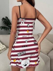條紋圖案&卡通圖案撞色滾邊木耳邊吊帶睡裙 - 彩色 - 查看 2