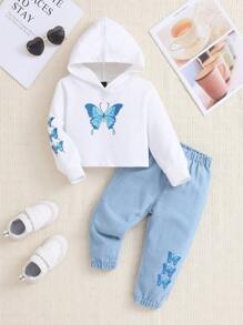 Baby Mädchen Lässig Boho Schmetterlings Grafiken Komfortables Hoodie in Weiß & Mom Jeans in voll-elastischer Taille Zwei Stück Set