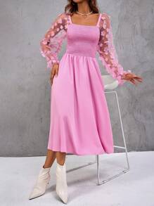 SHEIN VCAY Contrast Mesh Appliques Flounce Sleeve Square Neck A-line Dress - Pink - View 3
