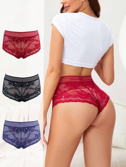 Women's Fantasy Elegant High Stretch Knitted Lace Boyshorts Multicolor Sheer Underwear,  Multi-Pack Short Panties For Everyday Wear