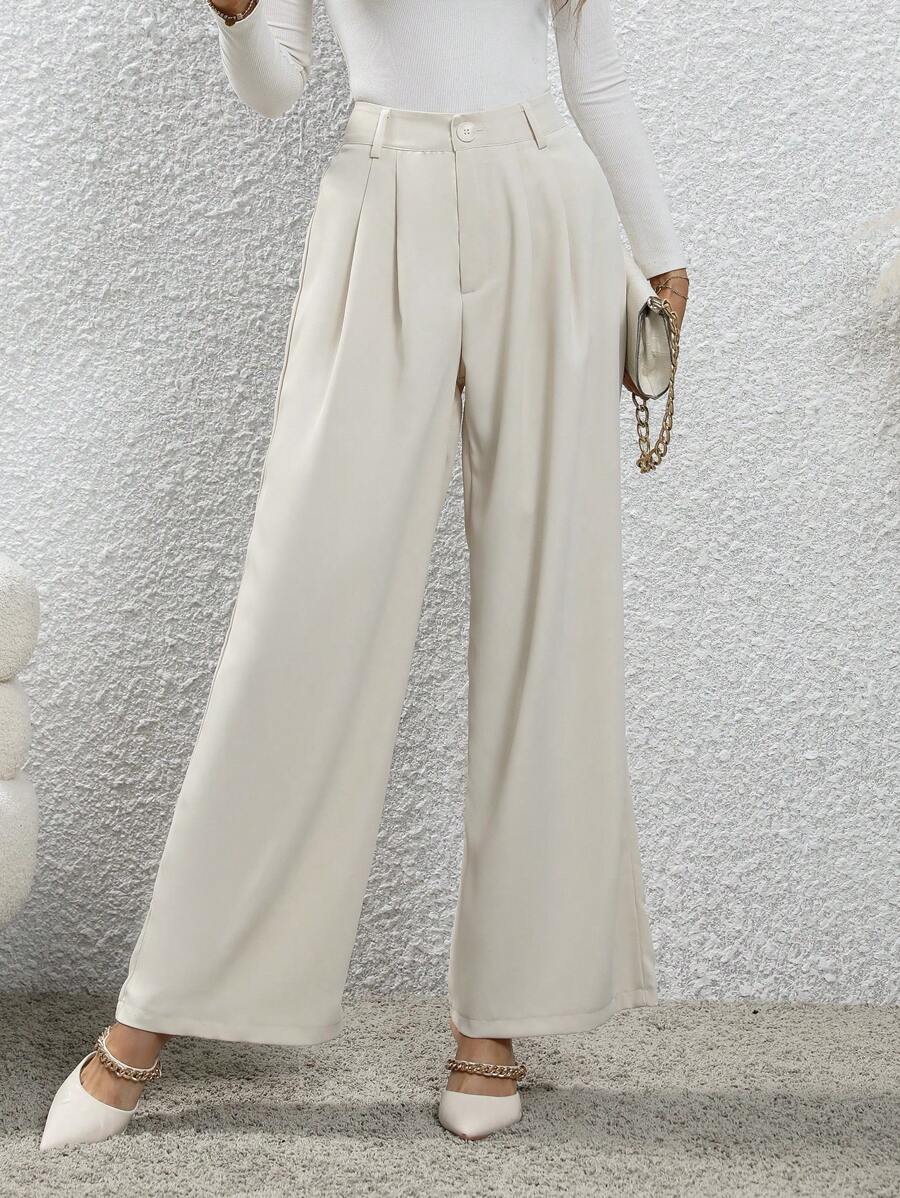 SHEIN Privé High Waist Plicated Detail Wide Leg Suit Pants - Apricot - View 1