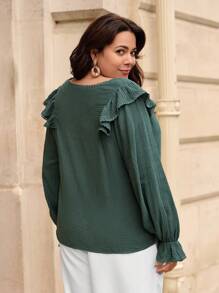 SHEIN Frenchy Talla grande Blusa ribete con fruncido de manga con volante - Verde Oscuro - Ver 2