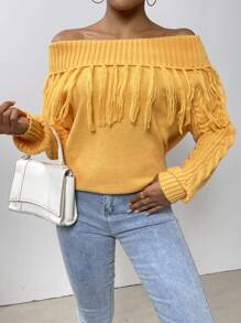 SHEIN Clasi Suéter de punto con hombros descubiertos y flecos para otoño e invierno - Amarillo - Ver 3