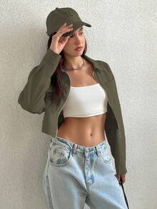 SHEIN Unity Women's Color Block Short Cropped Jacket With Pockets - Army Green - View 4