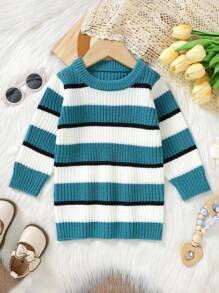 Baby Girls' Round Neck Striped Knitted Sweater Dress - Green - View 1