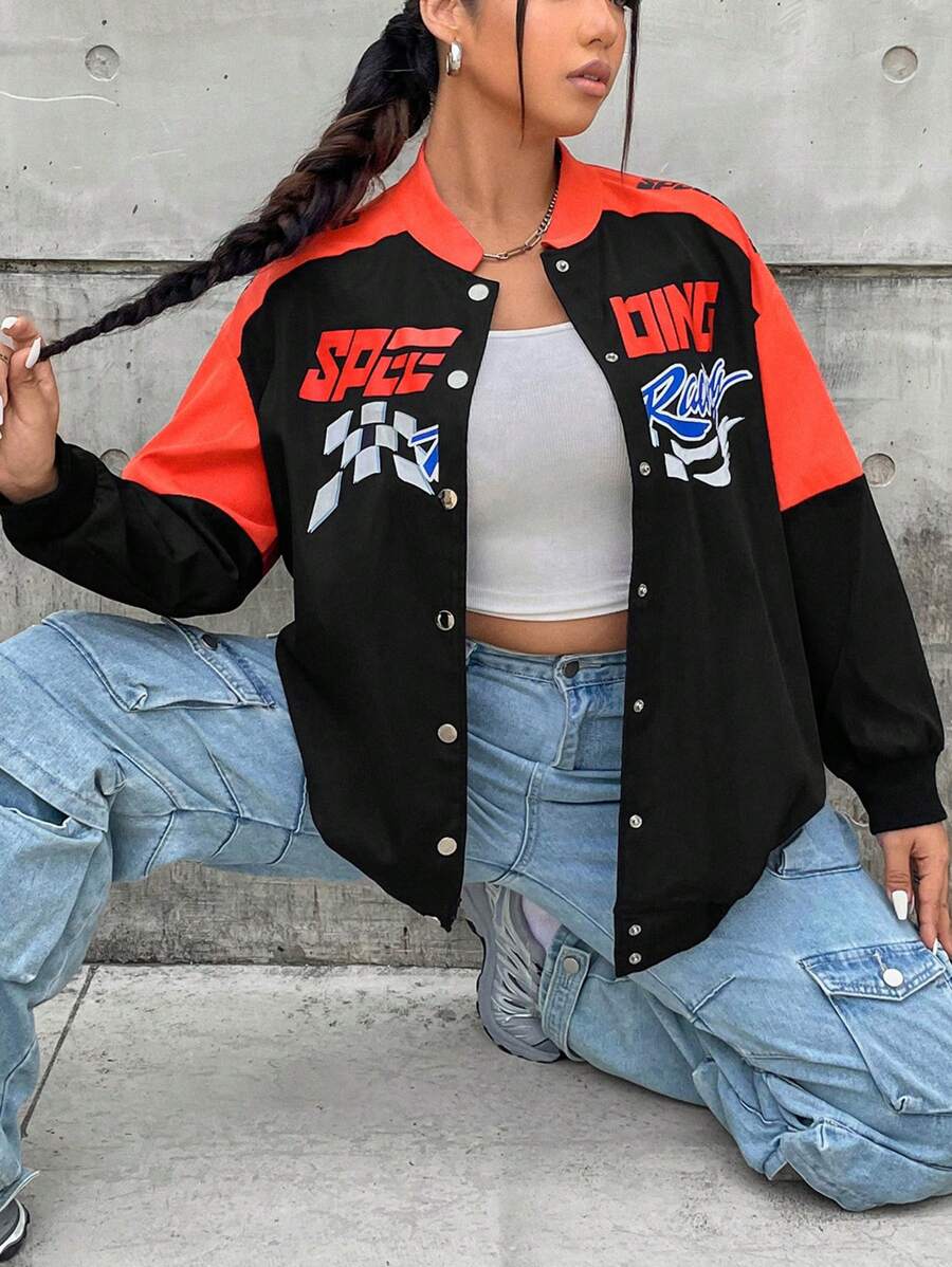 SHEIN Coolane Hơn Đồ họa Chữ cái Khối màu Thả vai Áo khoác bomber - Nhiều màu - Xem 1