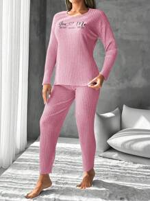 EURMUSE 100%Cotton Women's Text Printed Ribbed Tank Top & Shorts Homewear Set - Pink - View 4
