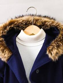 SHEIN Young Boy Fuzzy Trim Hooded Overcoat Without Sweater - Royal Blue - View 6