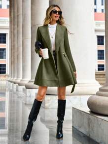 SHEIN LUNE Waterfall Collar Belted Overcoat - Dark Green - View 6