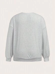 SHEIN EZwear 大碼字母和卡通圖案落肩袖運動衫 - 淺灰色 - 查看 2