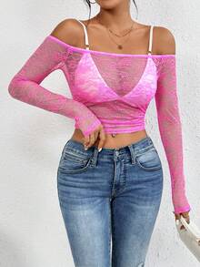 Allurite 一字肩短款蕾絲上衣不附胸罩 - 玫紅色 - 查看 5