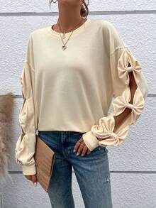 SHEIN LUNE Cut Out Bow Side Drop Shoulder Sweatshirt - Beige - View 4