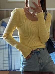 DAZY Solid Scoop Neck Ribbed Knit Sweater,Long Sleeve Tops,Fall Women Clothes - Yellow - View 7