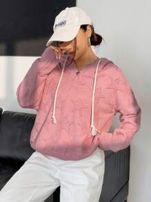 Flirla Star Pattern Drop Shoulder Drawstring Hooded Pointelle Knit Pullover Fall Winter Sweater - Pink - View 4
