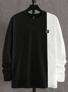 GENTILAND Hombres Camiseta de dos tonos con diseño de parche de letra - Negro - Ver 1