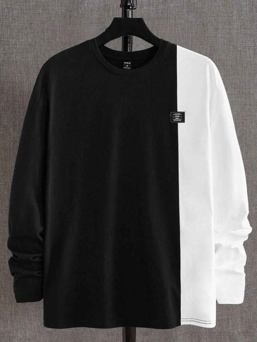 GENTILAND Hombres Camiseta de dos tonos con diseño de parche de letra - Negro - Ver 1