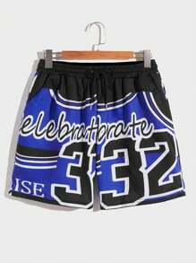 Aesthetic Post 男裝寬鬆字母印花彩色拼接短褲,帶束口腰帶 - 彩色 - 查看 1