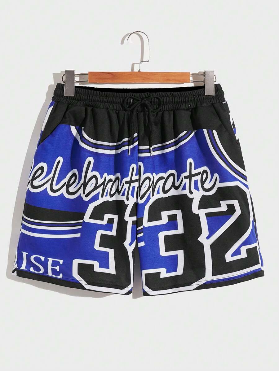 Aesthetic Post 男裝寬鬆字母印花彩色拼接短褲,帶束口腰帶 - 彩色 - 查看 1