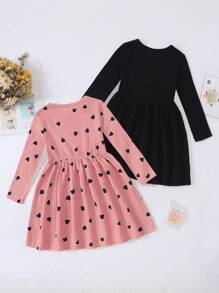 SHEIN Chica Joven 2 piezas Vestido con estampado de corazón con diseño de parche tejido de canalé - Multicolor - Ver 2