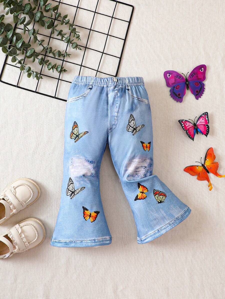 Baby Girl's Denim Effect Butterfly Digital Print Pants - Multicolor - View 1