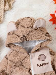 Baby Boy Bear & Letter Graphic 3D Ear Design Hooded Fleece Coat - Khaki - View 3