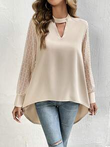 SHEIN Clasi 網眼拼接長袖襯衫 - 杏色 - 查看 3