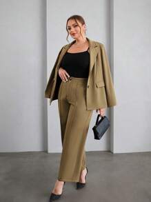 SHEIN Essnce Plus Solid Blazer & Wide Leg Pants - Khaki - View 5