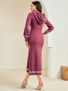 Modelyn Sọc trang trí Tay áo lồng đèn áo có mũ Đầm Áo len - Màu đỏ tím - Xem 2