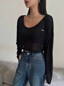 Dazy Star 女士宽松圆领上衣透明长袖女式上衣，秋季女装短款女式上衣 - 黑色 - 查看 6