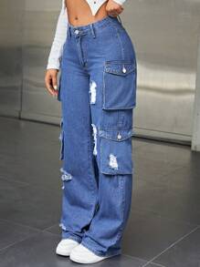 SHEIN ICON Ripped Flap Pocket Side Cargo Jeans - Dark Wash - View 4