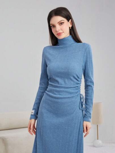 Seusyu 女款高領純色側抽繩長袍連身裙