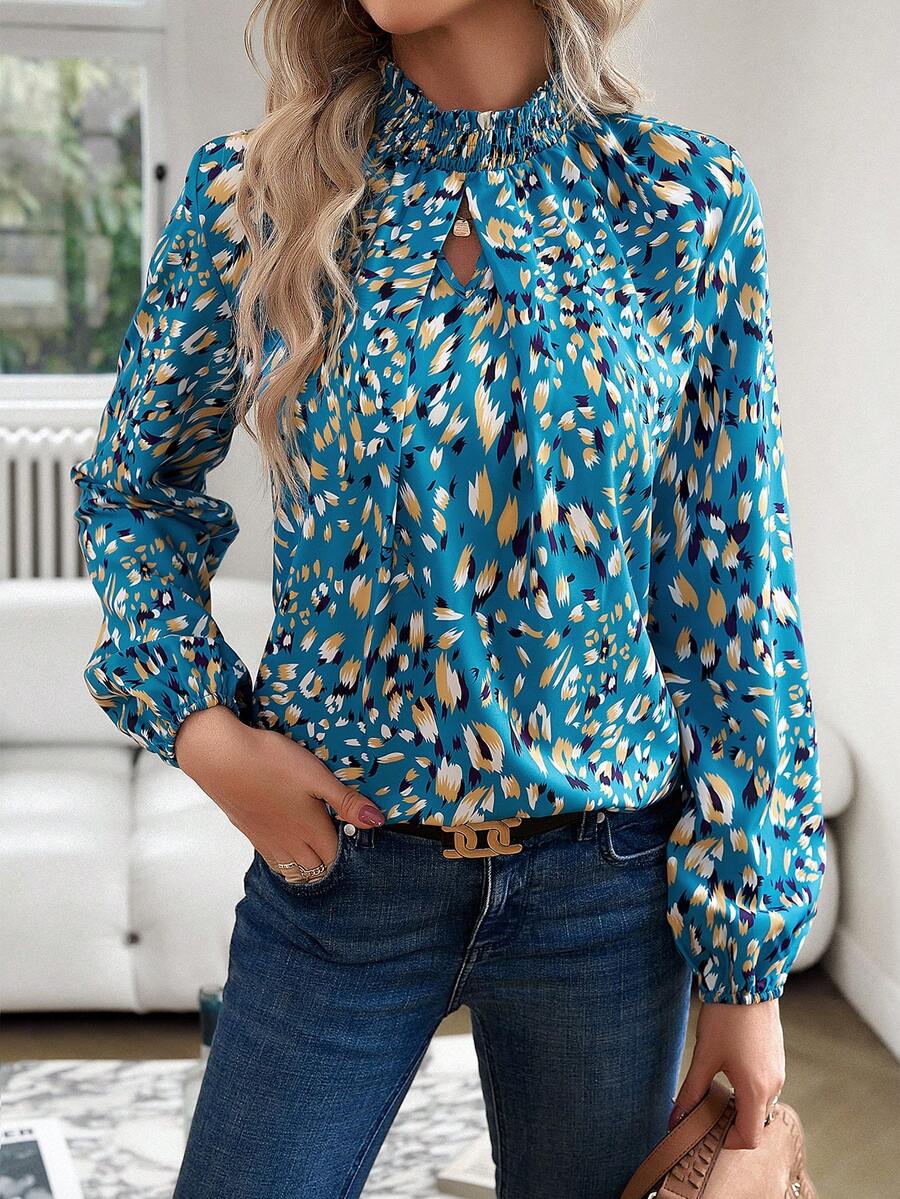 SHEIN LUNE Allover Print Keyhole Neckline Lantern Sleeve Blouse - Blue - View 1