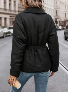 SHEIN LUNE 披肩领加厚棉服外套冬季衣服带斜口袋和腰带 - 黑色 - 查看 2