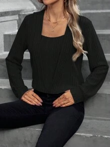 SHEIN LUNE 素色方領運動衫 - 黑色 - 查看 5