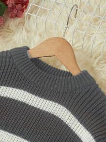 RueChic Tween Girl Striped Pattern Drop Shoulder Sweater - Grey - View 5