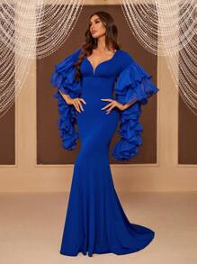 SHEIN Belle Women's Exaggerated Tiered Ruffle Sleeves Slim Fit Fishtail Evening Dress - Blue - View 7
