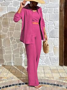 Women's Solid Color Casual 3-Piece Suit - Hot Pink - View 5