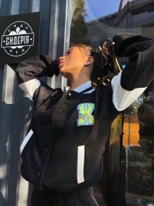 EURMUSE 2pcs/Set Women Crew Neck Letter Print Colorblock Long Sleeve Jacket And Slim Fit Pants - Black - View 3