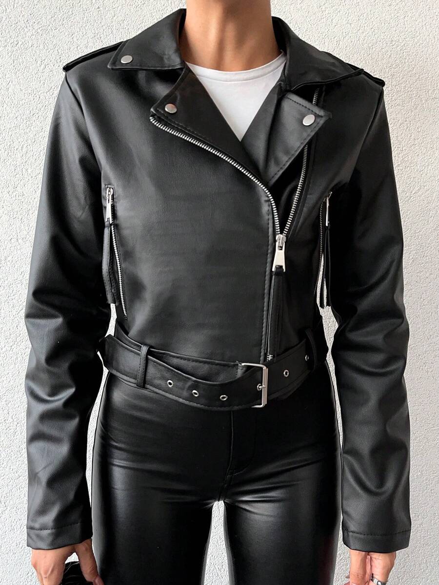 EURMUSE Women's Front Zipper Belted Pu Moto Jacket - Black - View 1
