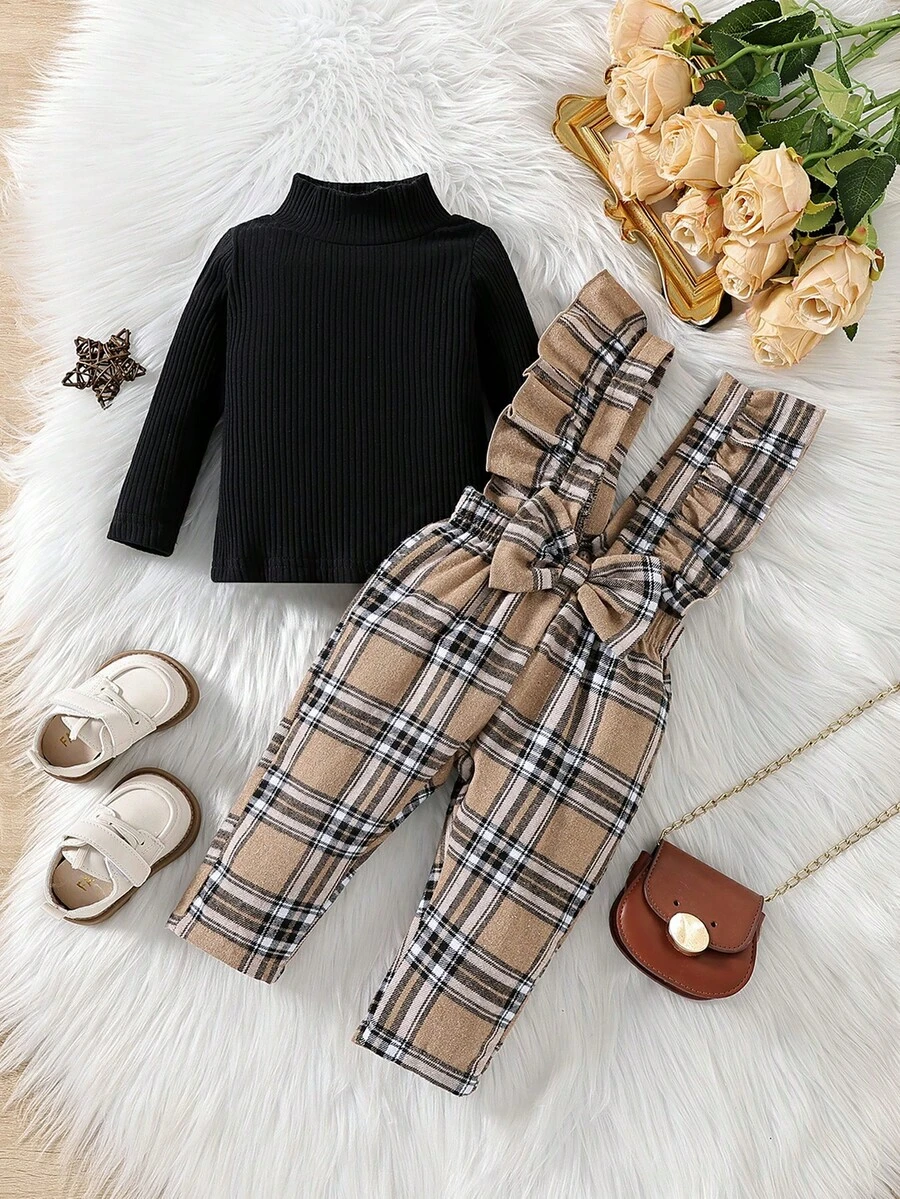 Mono de peto con volantes de cuadros y top de cuello tortuga para bebé niña, para Navidad - Multicolor - Ver 1