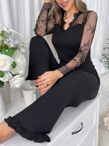 Lace Decorated Ruffled Hem Pajamas Set - Black - View 6