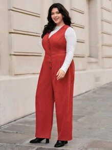 SHEIN Essnce Talla grande Mono con botón delantero de pana sin camiseta - Rojo - Ver 6